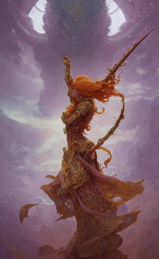 Image similar to playing card of ascending full body redhead goddess , intricate armor, highly detailed, glowing, action pose, cinematic, Art Deco, gold filigree, ethereal, artgerm, alfonso mucha, zdzisław beksiński, Andrei ryabovichev, Shaun tan, Chriss foss, Peter mohrbacher, 8k