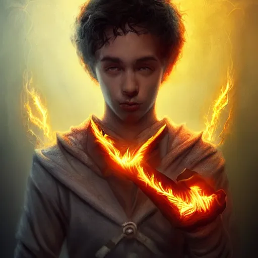 Image similar to a stunning portrait of a young human wizard, forming a burning hand spell, highly detailed digital art, 4 k trending on artstation