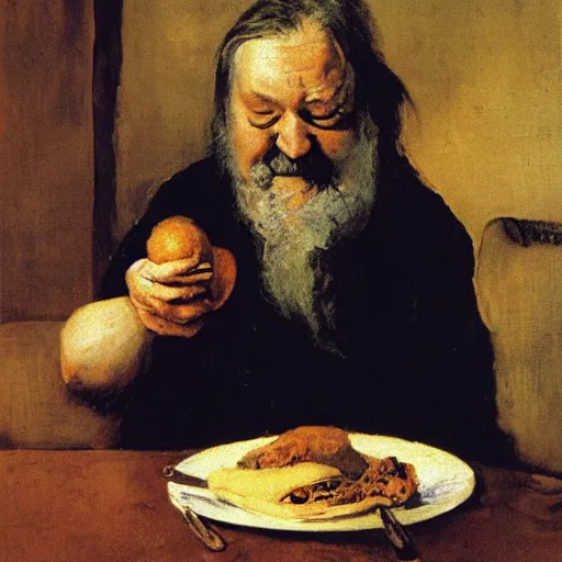 Prompt: Robert Wyatt devouring his lunch, Goya painting