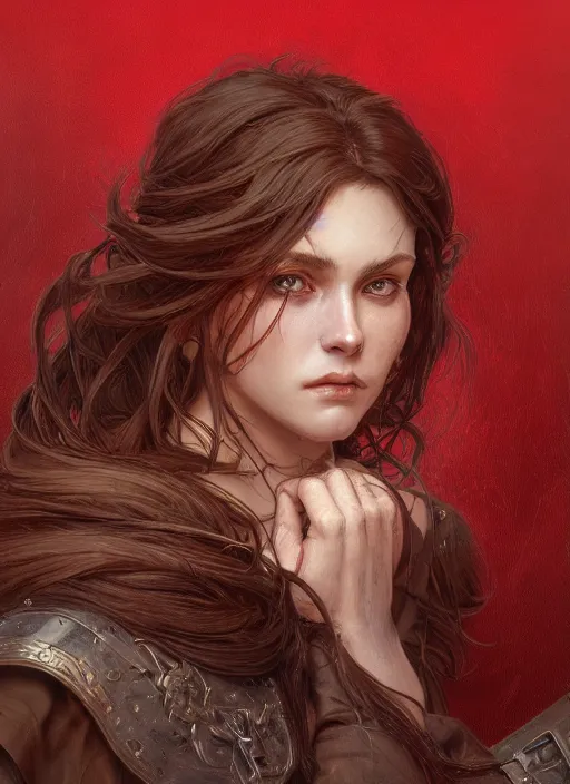 Image similar to portrait of a ruggedly handsome female cleric, soft hair, half body, leather, witchy, d & d, fantasy, intricate, elegant, highly detailed, digital painting, artstation, concept art, smooth, sharp focus, illustration, art by artgerm and greg rutkowski and alphonse mucha, plain red background