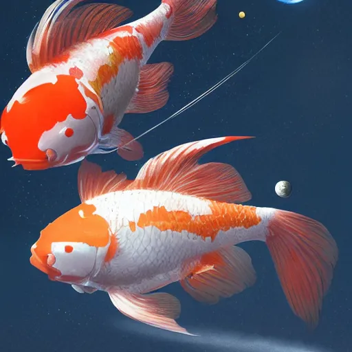 Image similar to a sphere aquarium with two cute koi fish. the aquarium is floating in space, in the size of a planet. the moon is seen in the background. illustration, realistic, by greg rutkowski and ash thorp, vivid colors, detailed, trending on artstation, high quality, cinematic