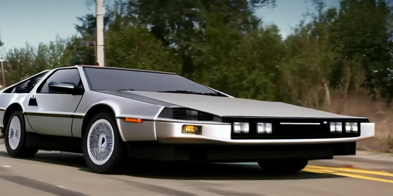 Prompt: photorealistic wide angle cinematography of the front of a photorealistic Scientifically accurate Delorean racing down the road at 88mph