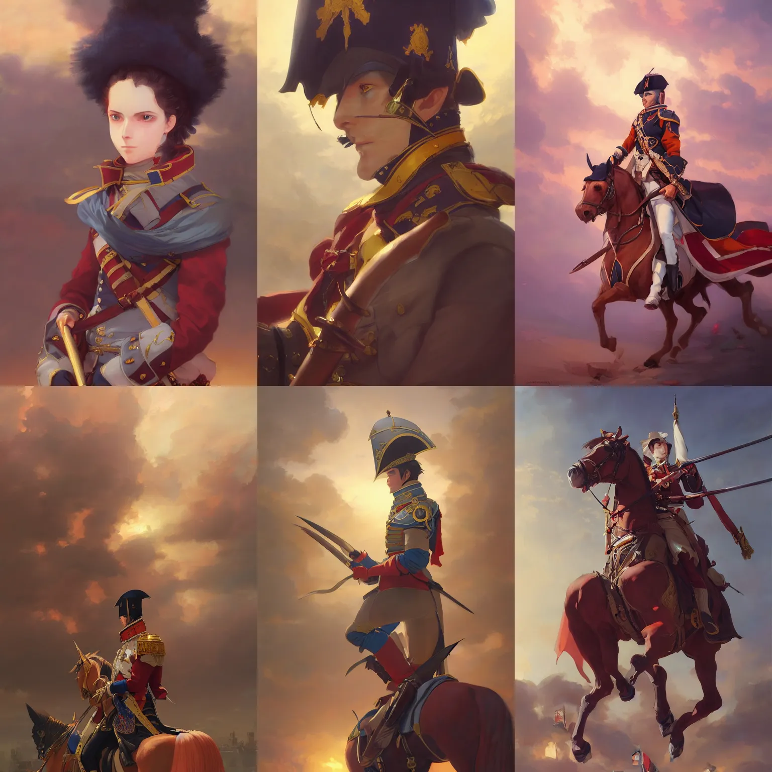 Prompt: a portrait of a napoleonic dragoon, parade setting, vivid colors, soft lighting, atmospheric, cinematic, moody, in the style of ilya kuvshinov and range murata, krenz cushart, rule of thirds, oil on canvas, 8 k