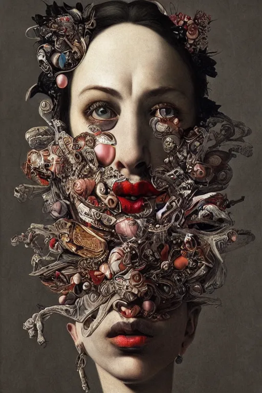 Image similar to Detailed maximalist portrait with large lips and with large white eyes, angry expression, HD mixed media, 3D collage, highly detailed and intricate surrealism, illustration in the style of Caravaggio, dark art, baroque