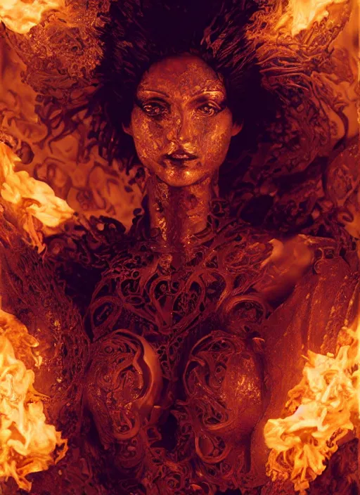 Image similar to sculpture made of flame, portrait, female, future, torch, fire, harper's bazaar, vogue, fashion magazine, intricate, concept art, close up, ornate, luxury, elite, elegant, trending on artstation, by ruan jia, by Kenneth Willardt, by ross tran, by WLOP, by Andrei Riabovitchev,