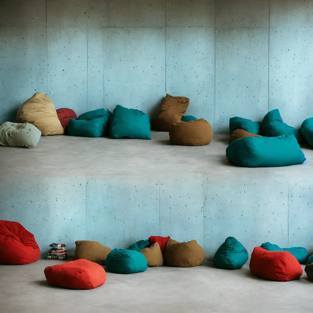 Prompt: kodak portra 4 0 0, 8 k, shot of a highly detailed, britt marling style, colour still - life portrait of a large minimalistic room, rough concrete walls, a single rough carved wooden teal, cannabis store with comfortable beanbags, muted colours