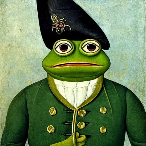 Image similar to pepe the frog as 1 8 th century prussian soldier, elegant portrait by sandro botticelli, detailed, symmetrical, intricate