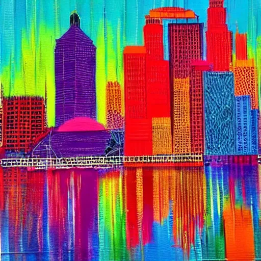 Prompt: tampa city scape made of paint brushes. colorful. geiger