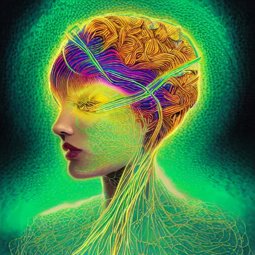 Prompt: a majestic portrait of a woman with her brain and heart being sent to aws cloud using electrical wires, digital painting, high detail, 8 k, intricate ornamental details, vibrant iridescent colors, green magenta and gold