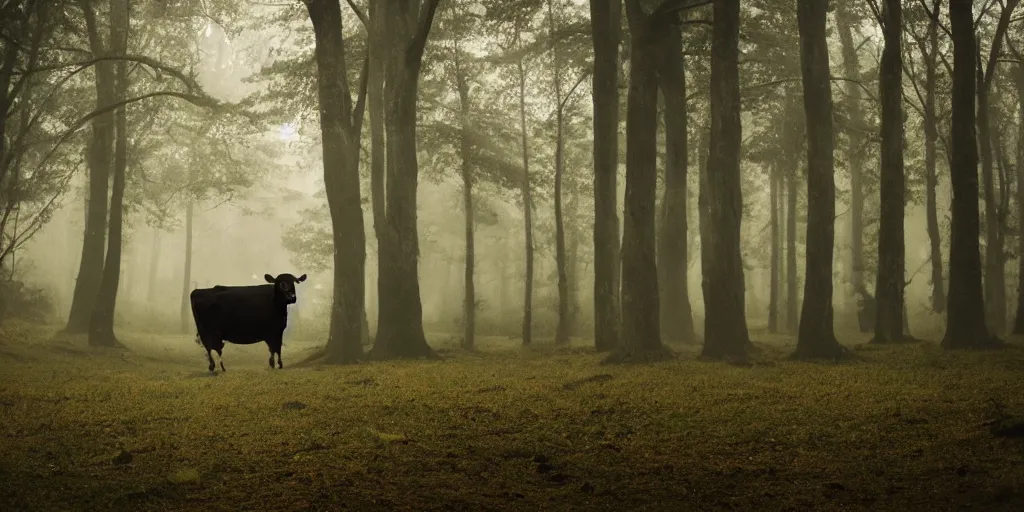 Image similar to photo of a cow standing on 2 legs hiding behind a tree in a dark gloomy forest