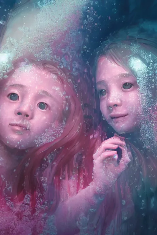 Image similar to 3d realistic dramatic infrared photo of two schoolgirls sisters with a realistic cute face fighting in a dark subway station under water in Japan. Close-up portrait. There are pink palm trees and translucent glow jellyfish flying around. Volumetric composition. Pastel colors in the style of Hiro Kiyohara, redshift, octane, trend artstation, cinematic, hyper realism, high detail, 8k