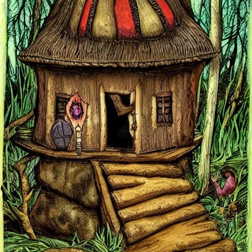 Image similar to It's a hut in the forest. It is standing on chicken legs. The only way to enter the house is to say a spell that makes it turn towards you and away from the forest. I am baba yaga, an enigmatic spirit of the forest