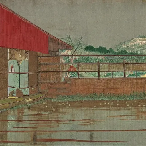 Image similar to a chinese prison near a river by peter doig : : 1 and ukiyo - e : : 0. 0 1, muted colors