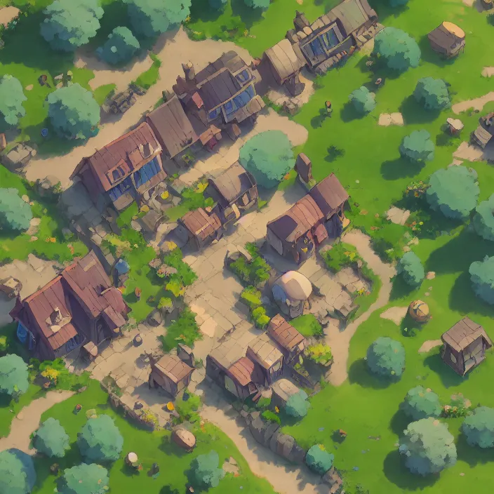 Image similar to rpg top down view of a lovely cottage, cory loftis, james gilleard, atey ghailan, makoto shinkai, goro fujita, studio ghibli, rim light, exquisite lighting, clear focus, very coherent, plain background, soft painting