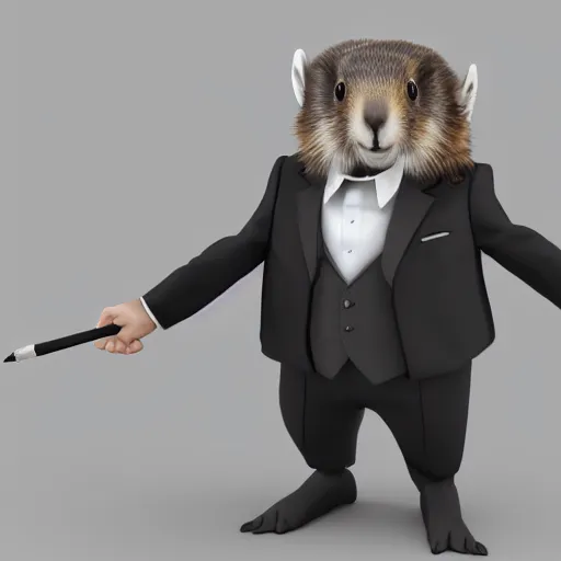 Image similar to a cute anthro brown marmot in a black business tuxedo while holding a pencil, digital art, trending on art station, character design, 3 d artistic render, octane, blender, cartoon, shadows, lighting