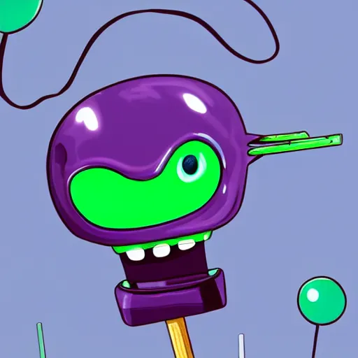 Image similar to one eyed purple alien eating a lollipop made of hardened green slime, it has antennas as ears, signal the camera to get his best side, varying angles, wide shot, golden hour