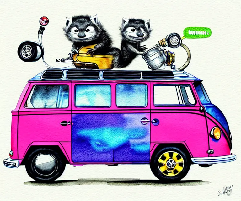 Image similar to cute and funny, binturong driving a tiny hot rod vw camper van with an oversized engine, ratfink style by ed roth, centered award winning watercolor pen illustration, isometric illustration by chihiro iwasaki, edited by craola, tiny details by artgerm and watercolor girl, symmetrically isometrically centered