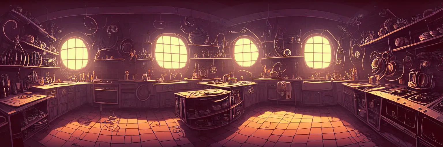 Prompt: dark palette cyberpunk, fisheye spiral lines, naive, extra narrow, detailed illustration of a kitchen, large floor, octopus shaped by rhads from lorax movie, trending artstation, dark mythic fantasy