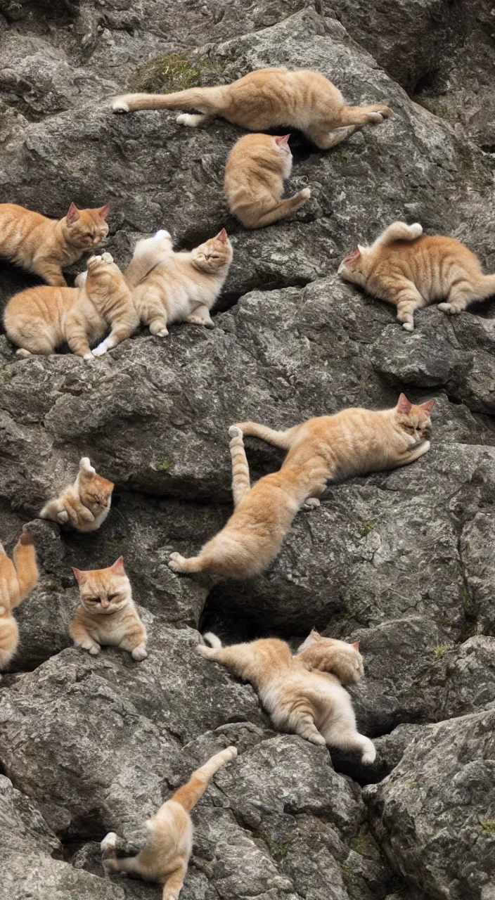 Prompt: fat cats tumbling off a mountain