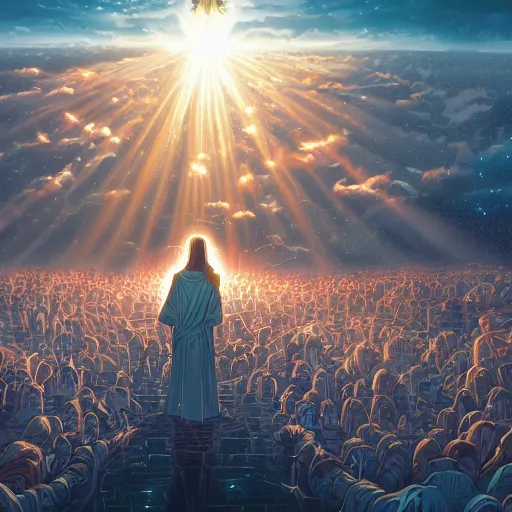 Prompt: the first coming of jesus by dan mumford, yusuke murata, makoto shinkai, ross tran, cosmic, heavenly, god rays, intricate detail, cinematic, 8 k, cel shaded, unreal engine, featured on artstation, pixiv