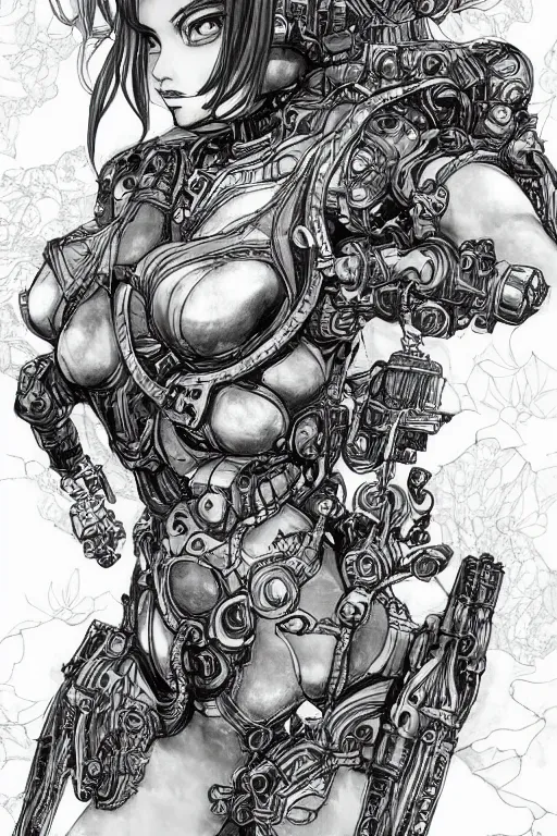 Image similar to full body illustration, mechanized latina female, cruel mermaid, highly detailed, sumi - e art, suiboku - ga ink, by kim jisu, pen and ink monochrome, mecha, deviantart, artstation, pinterest