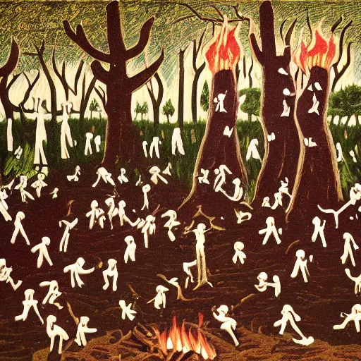 Prompt: expresionism forest with a cult performing a ritual with a bonfire where a goat flies