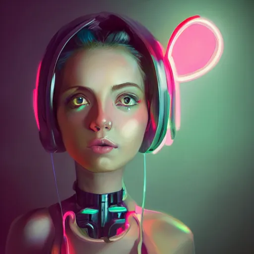 Image similar to portrait of a cute young woman with robot ears and eyes, 4k, sharp focus, neon colored fluorescent lighting, Andreas Rocha