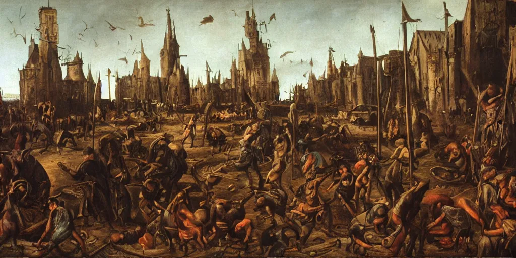 Image similar to everyday life during the Black Plague, oil on canvas, detailed,