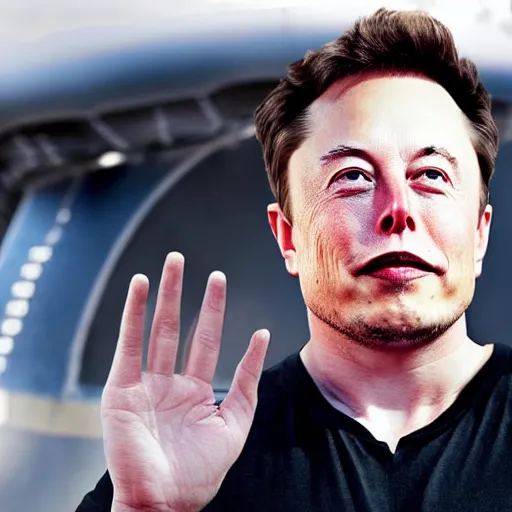 Image similar to portrait of elon musk, covering his ears with his hands, with a pained expression, from a loud noise of a rocket launch behind him
