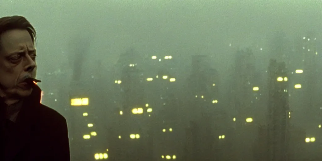 Image similar to beautiful cinematic film still of steve buscemi smoking a cigarette on a building top overlooking the rainy city in blade runner, 4 k