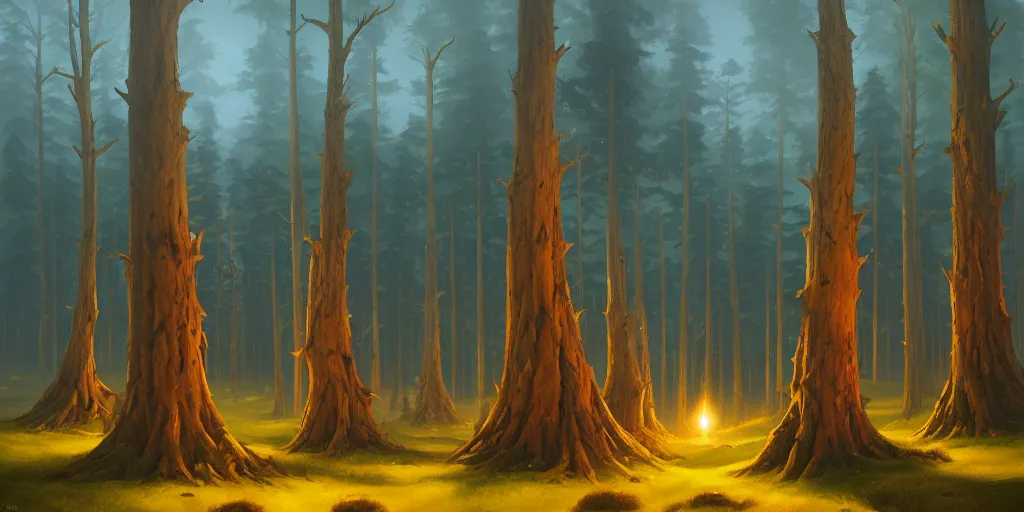 Image similar to group of pine trees in the evening by andreas rocha, by justin gerard, by anato finnstark