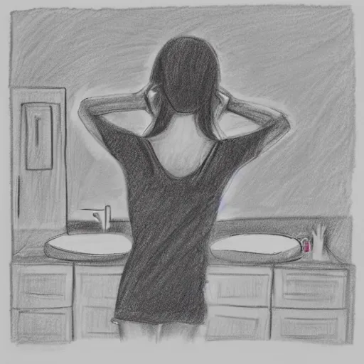 Prompt: backside photograph of a girl facing the mirror while holding the sink with both hands in a dark room, cartoon style, pencil sketch