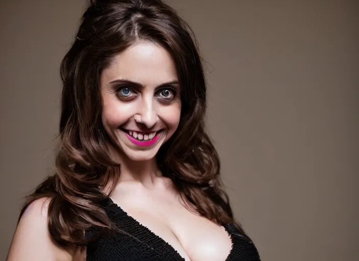 Image similar to a closeup, 4 5 mm, detailed photograph of a woman looking at camera with a seductive smile, alison brie, beautiful low light, 4 5 mm, by franz lanting