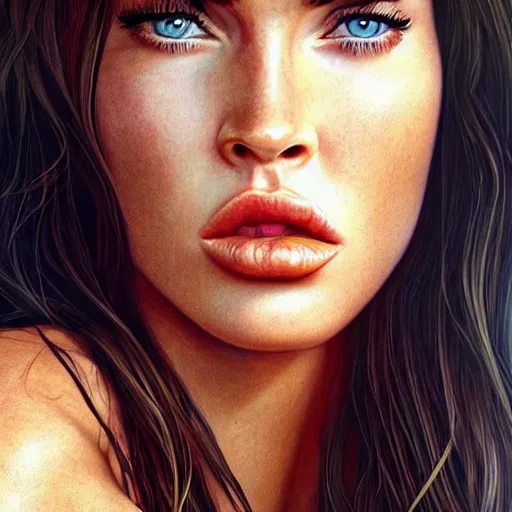 Image similar to megan fox sticking her tongue out. hyperrealistic portrait, photo realistic, poster, artstation, volumetric lighting, digital art, very detailed face by magali villeneuve