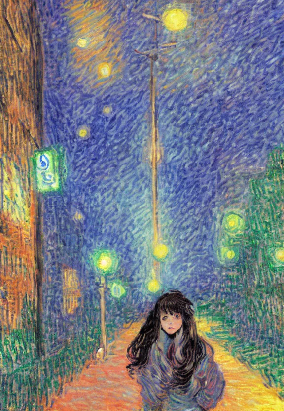 Image similar to wide angle portrait of a teenage girl, a thrifty outfit, somewhat of an anime in impressionist style, city street view background, starlit night sky, trending artwork, illustrated in anime painter studio, by claude monet