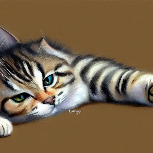 Prompt: a painting of cute tabby cat laying on the ground, a digital painting by nyuju stumpy brown, featured on pixiv, furry art, detailed painting, digital painting, speedpainting
