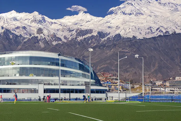 Prompt: architecture photo modern fachwerk footbal field with Elbrus mountain on the background, architecture, photorealism 8k , shining and happy atmosphere, uplight, high details