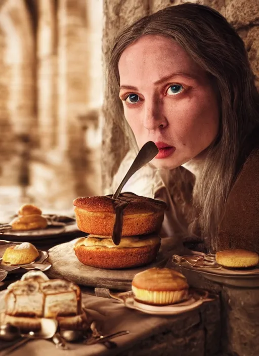 Image similar to closeup portrait of a medieval goblin eating cakes in the abbey, depth of field, zeiss lens, detailed, symmetrical, centered, fashion photoshoot, by annie leibovitz and steve mccurry, david lazar, jimmy nelsson, breathtaking, 8 k resolution, extremely detailed, beautiful, establishing shot, artistic, hyperrealistic, beautiful face, octane render