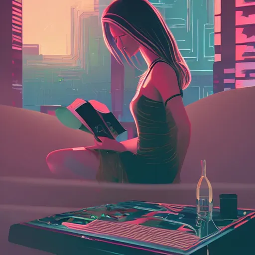 Prompt: a girl reading a book, her hair flowing down, cyberpunk art by by james gilleard, cgsociety, retrofuturism, synthwave, retrowave, outrun