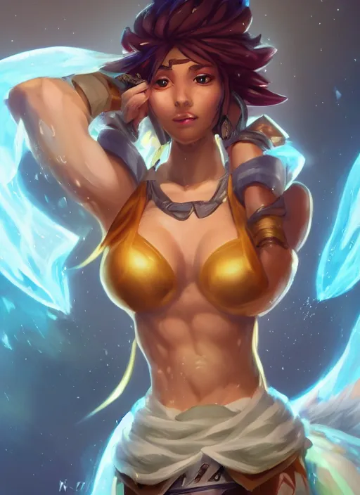 Prompt: taliyah, from league of legends, with abs, aesthetic, cosplay, exhibant au naturel, symmetrical body, hyper detailed, digital art, trending in artstation, cinematic lighting, studio quality, smooth render, unreal engine 5 rendered, octane rendered, art style by klimt and nixeu and ian sprigger and wlop and krenz cushart