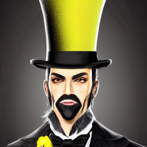 Image similar to a highly detailed portrait of a man in a high top hat covering his face, in a black tailcoat with a yellow waistcoat under the tailcoat, artstation, deviantart, professional, unreal engine 5, photorealistic