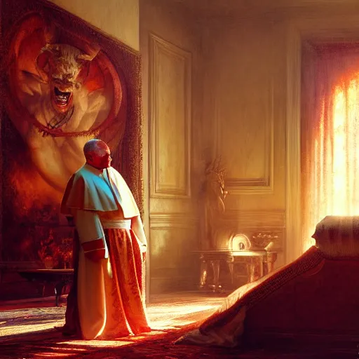 Image similar to the pope is in his bedroom, terrified because a horned demon is attacking him. highly detailed painting by gaston bussiere, greg rutkowski, craig mullins 8 k