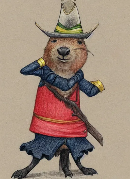 Image similar to detailed colored pencil drawing of a anthropomorphic capybara as a pirate