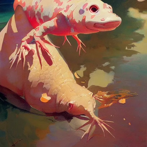 Prompt: an axolotl, by studio ghibli painting, by Joaquin Sorolla rhads Leyendecker, An aesthetically pleasing, dynamic, energetic, lively, overlaid with aizome patterns, by Ohara Koson and Thomas Kinkade, traditional Japanese colors, superior quality, masterpiece