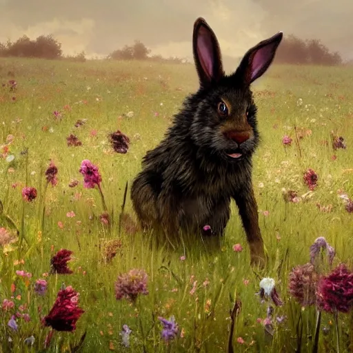 Prompt: A werewolf bunny transforming in a field of flowers. Academic painting by Greg Rutkowski, Mobile still frame. 4K UHD