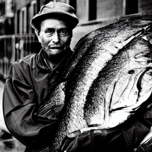 Image similar to closeup portrait of a fisherman holding a big fish in a rainy new york street, photography, time magazine