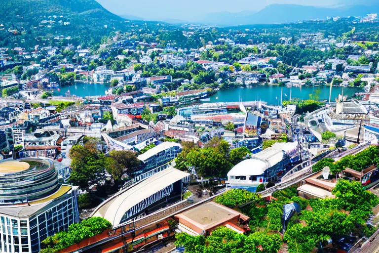 Prompt: bird's eye view photography of a small city. town hall, central farm, monorail station, beach and harbor. hills, woods and lake to the north.