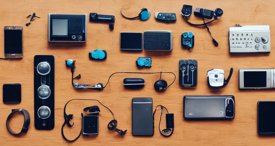 Image similar to a knolling of retro gadgets, overhead shot, flatlay