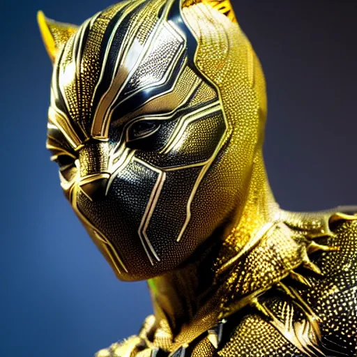 Image similar to a close up photo of a detailed golden statue of Black Panther, 8K,