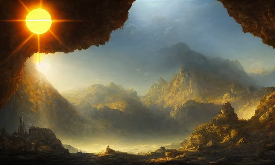 Image similar to the most beautiful panoramic landscape, oil painting, huge and majestic city underground, in a giant cave with a floating sun, epic, vast, cinematic lighting, highly detailed, very realistic